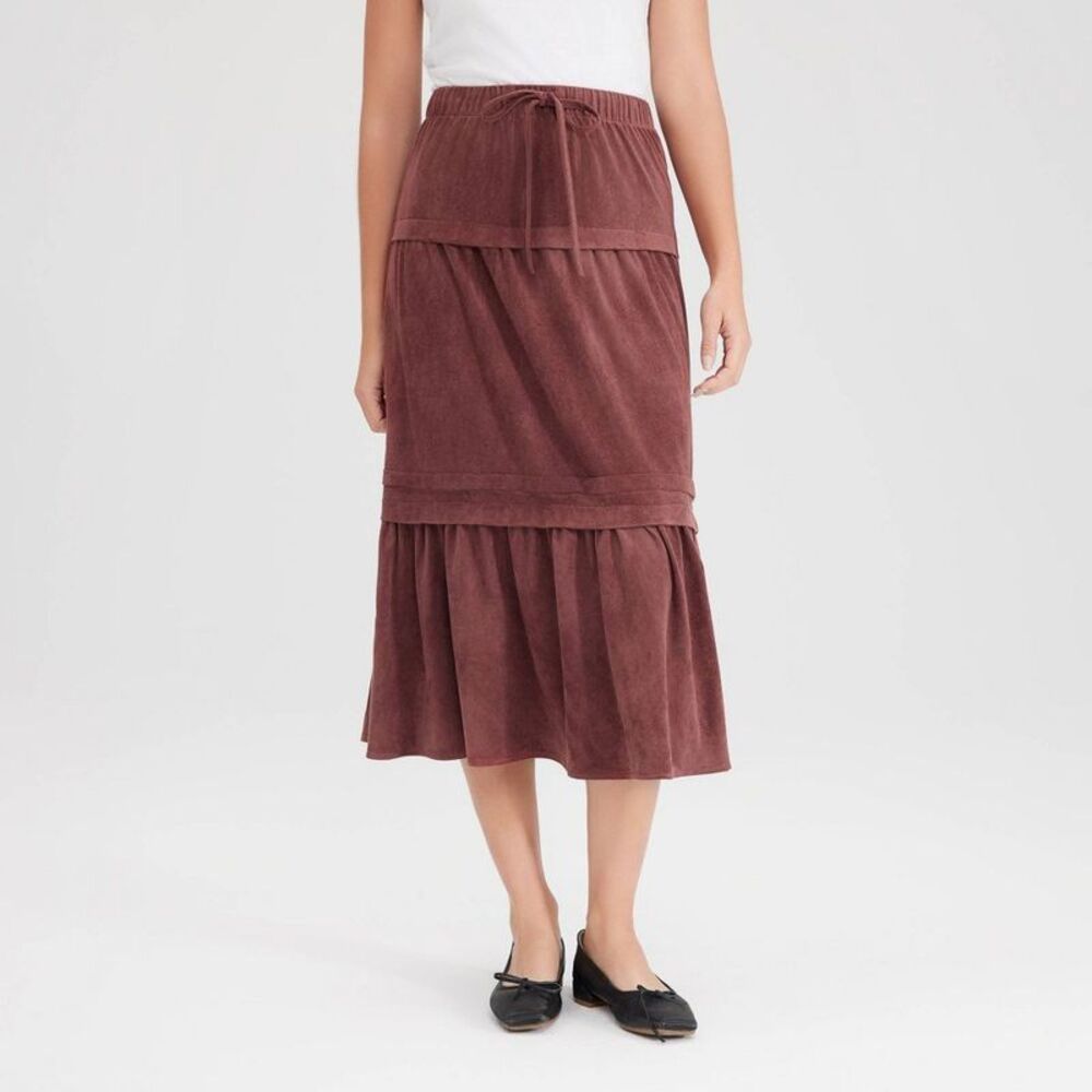 Women's Faux Suede Tiered Midi A-Line Skirt - Universal Thread Red M